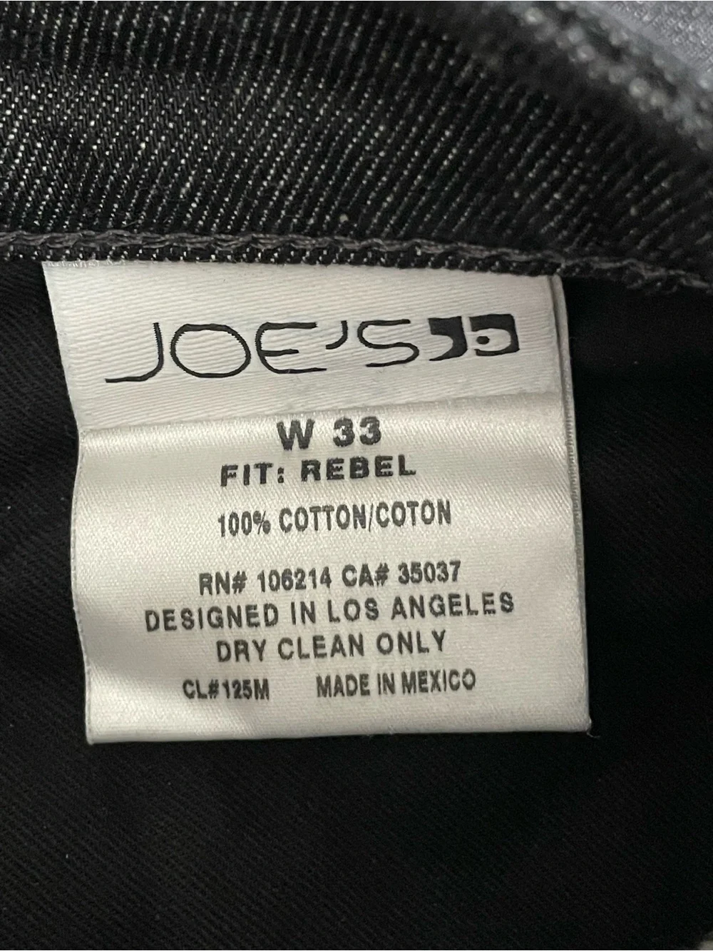 Joe’s Jeans Rebel Fit Black Denim Straight Leg W33 Made in USA Look